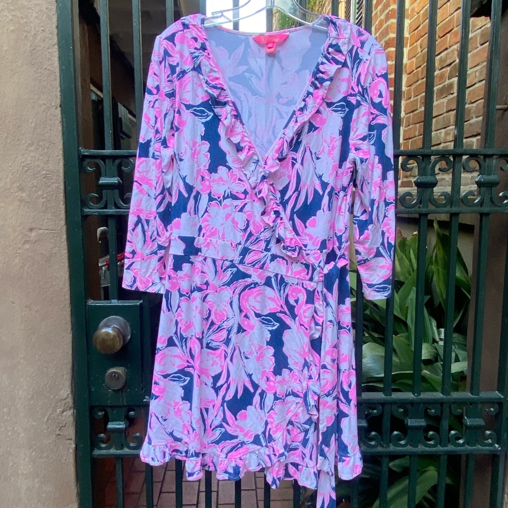 Lilly Pulitzer JessaLynne Romper. Color Inky Navy Flamingle. Large